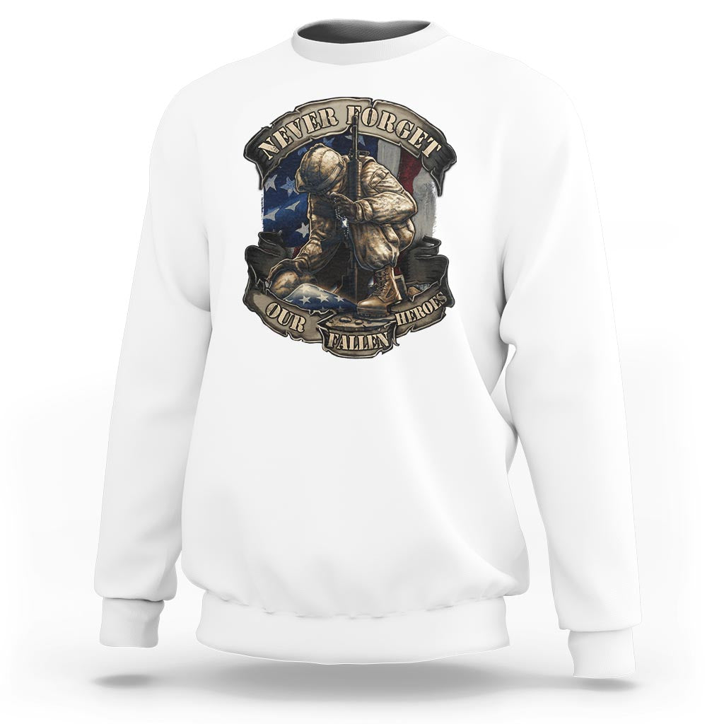 White veteran sweatshirt with memorial soldier emblem graphic on front
