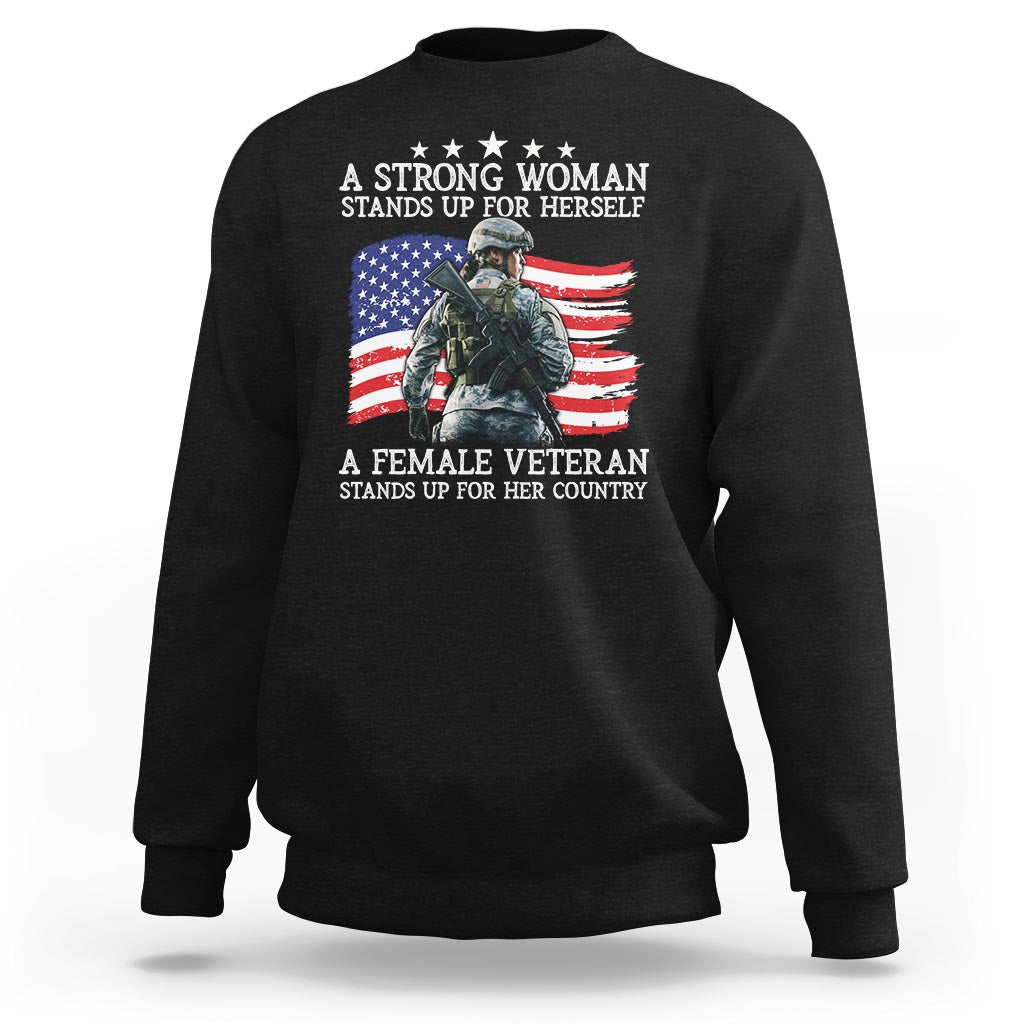 Black crewneck sweatshirt with front graphic of veteran and American flag