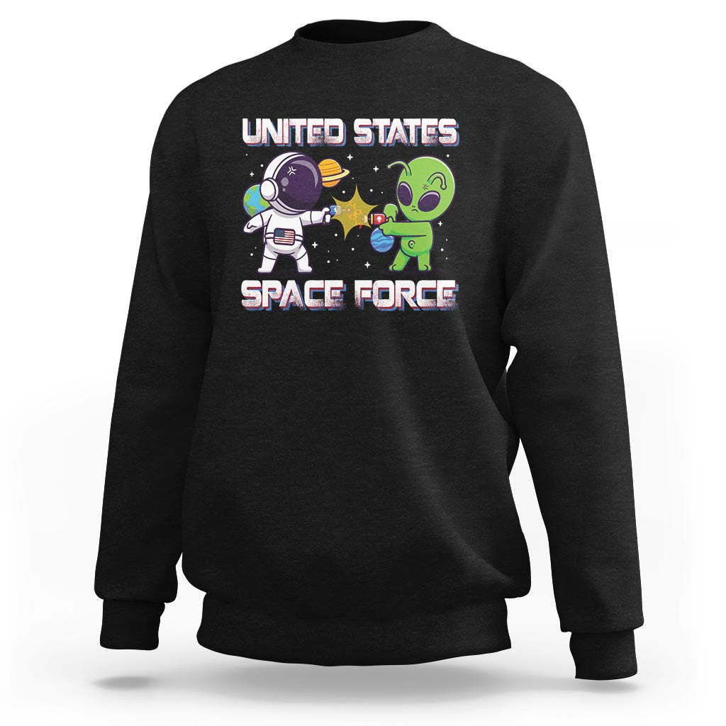 Black crewneck sweatshirt with Space Force astronaut vs alien graphic