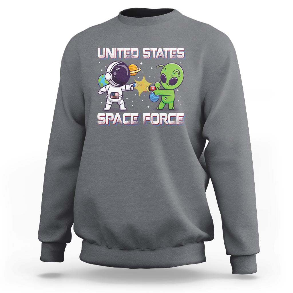 Charcoal crewneck sweatshirt with Space Force astronaut vs alien graphic