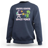 Navy crewneck sweatshirt with Space Force astronaut vs alien graphic