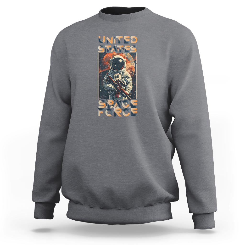 Medium gray sweatshirt with astronaut “United States Space Force” graphic