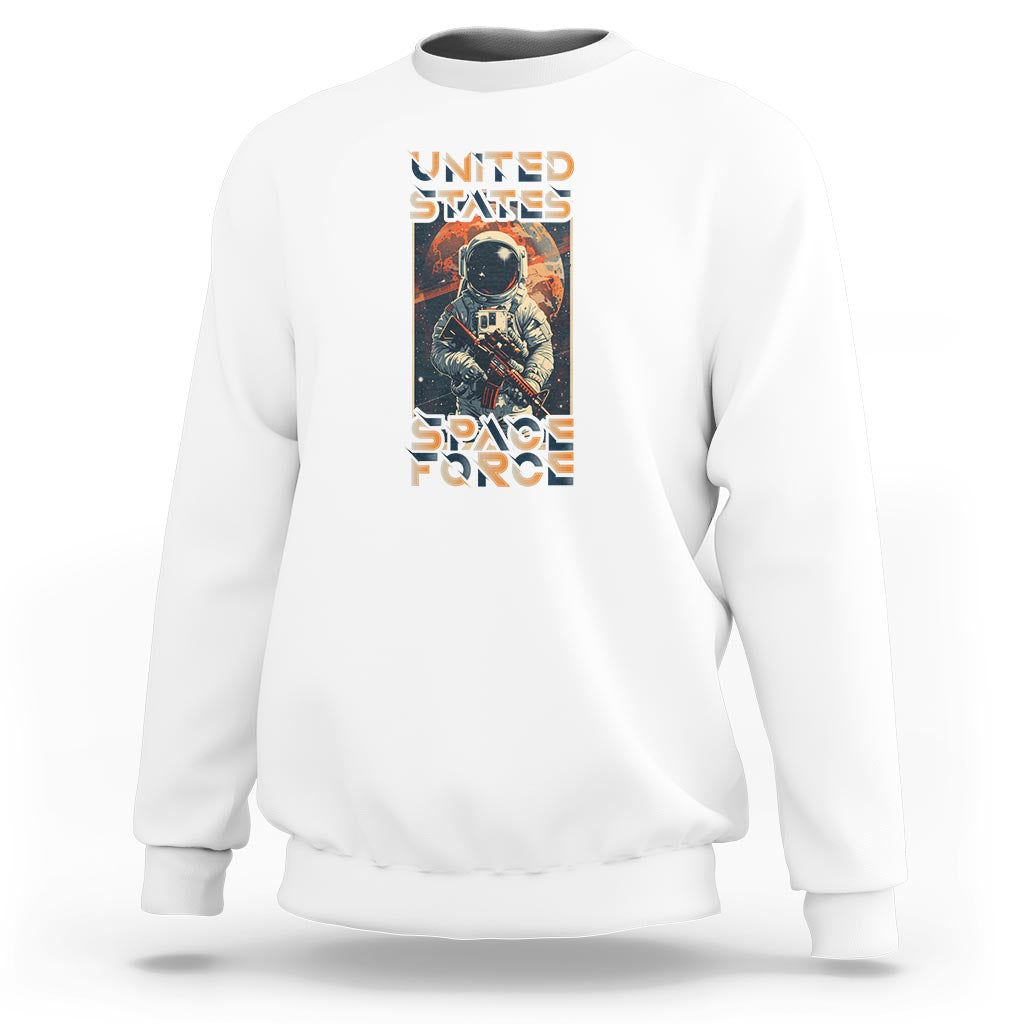 White sweatshirt with astronaut “United States Space Force” graphic