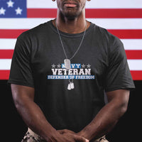 Black crew-neck T-shirt with “Veteran” and “Defender of Freedom” front graphic