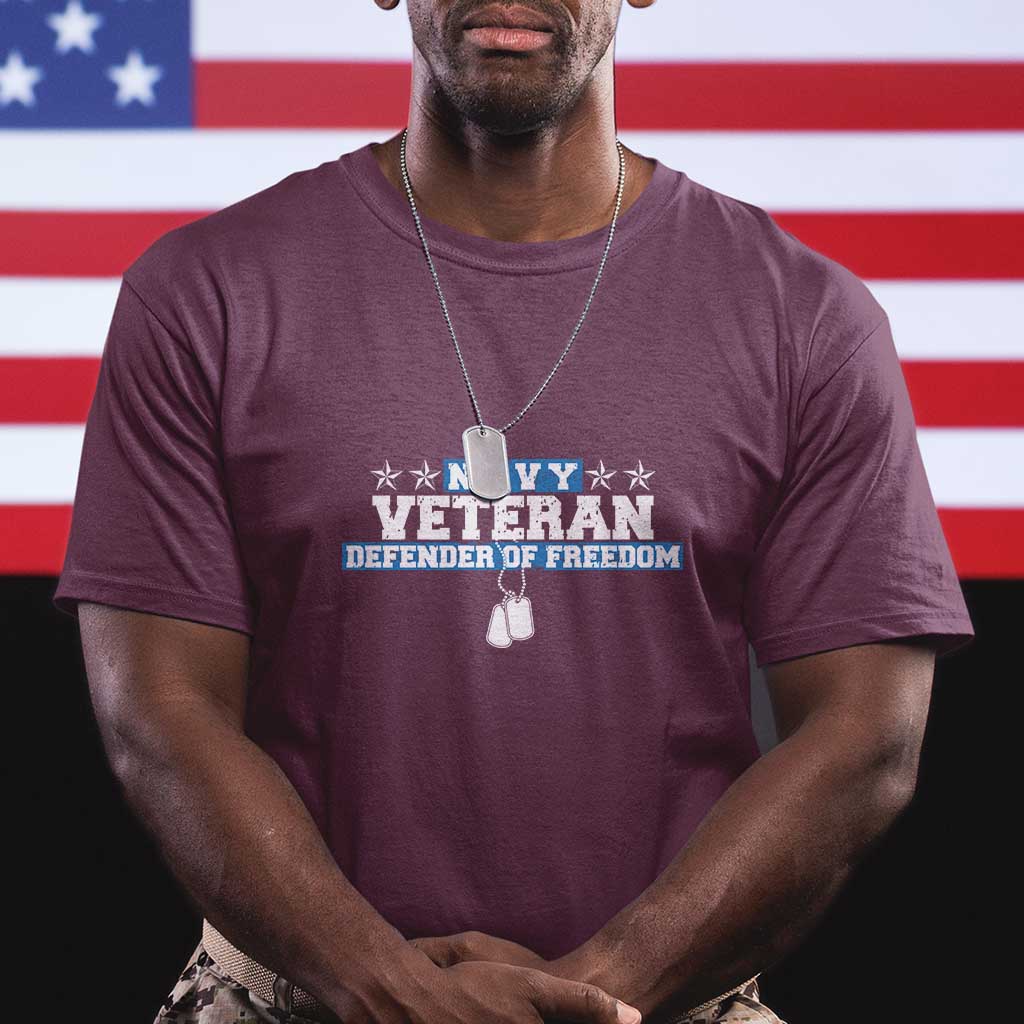 Maroon crew-neck T-shirt with “Veteran” and “Defender of Freedom” front graphic