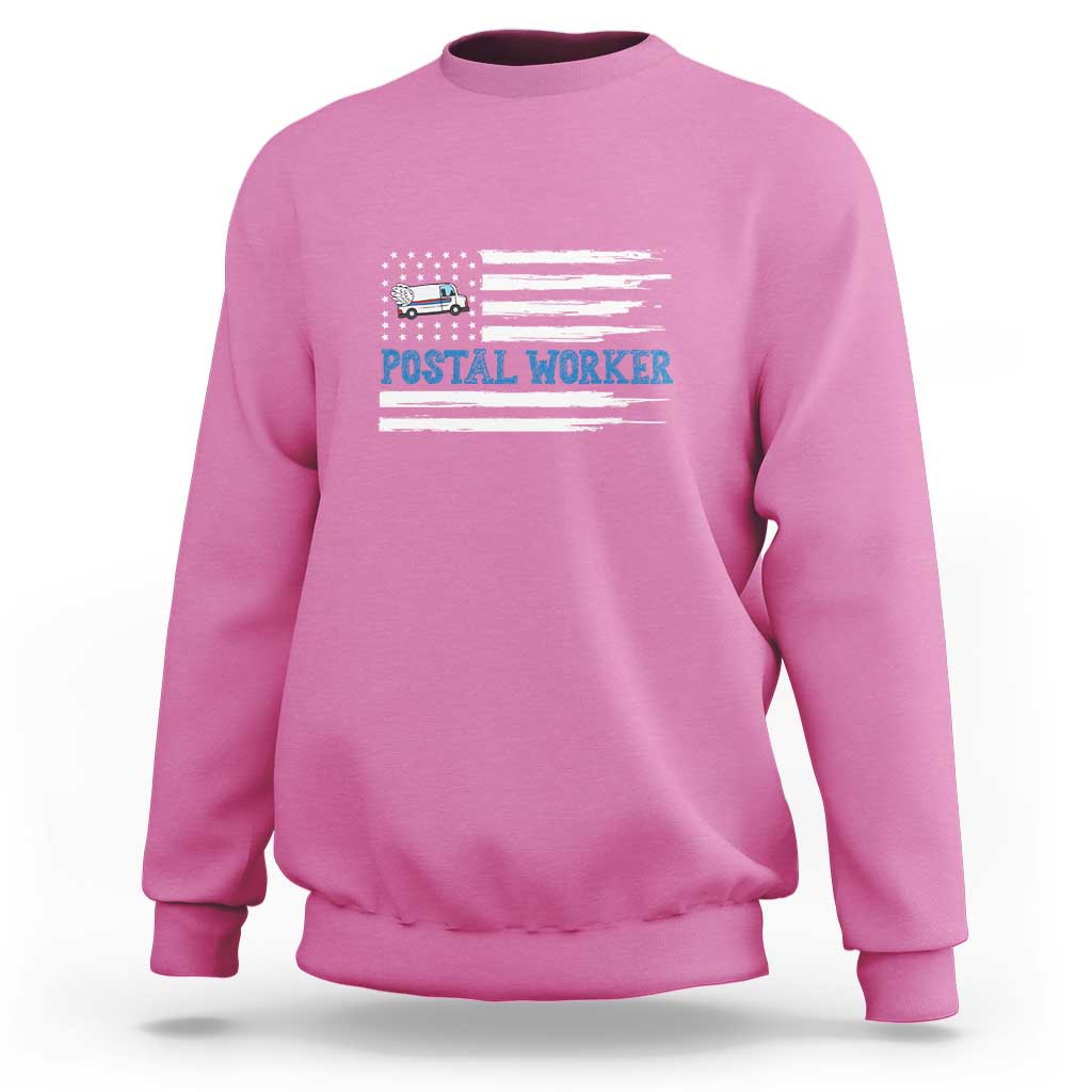 Azalea pink crewneck sweatshirt with vintage postal worker graphic and US flag stripes