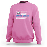 Azalea pink crewneck sweatshirt with vintage postal worker graphic and US flag stripes
