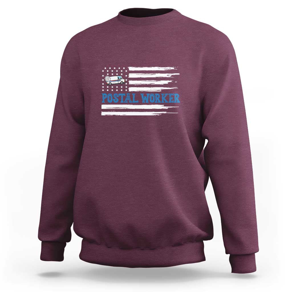 Maroon crewneck sweatshirt with vintage postal worker graphic and US flag stripes