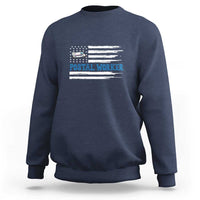 Navy crewneck sweatshirt with vintage postal worker graphic and US flag stripes