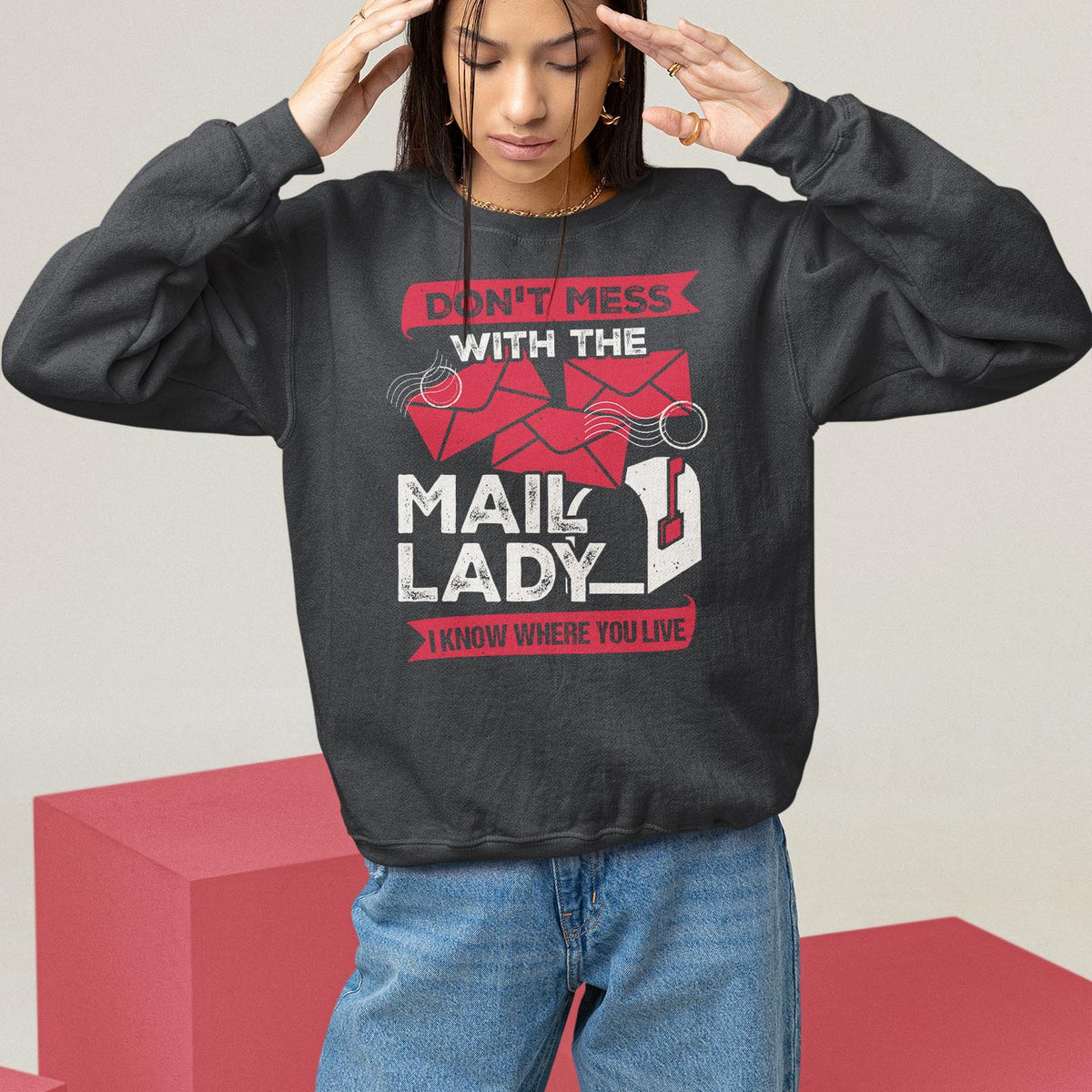 Dark gray postal worker sweatshirt with “Mail Lady” graphic and red text