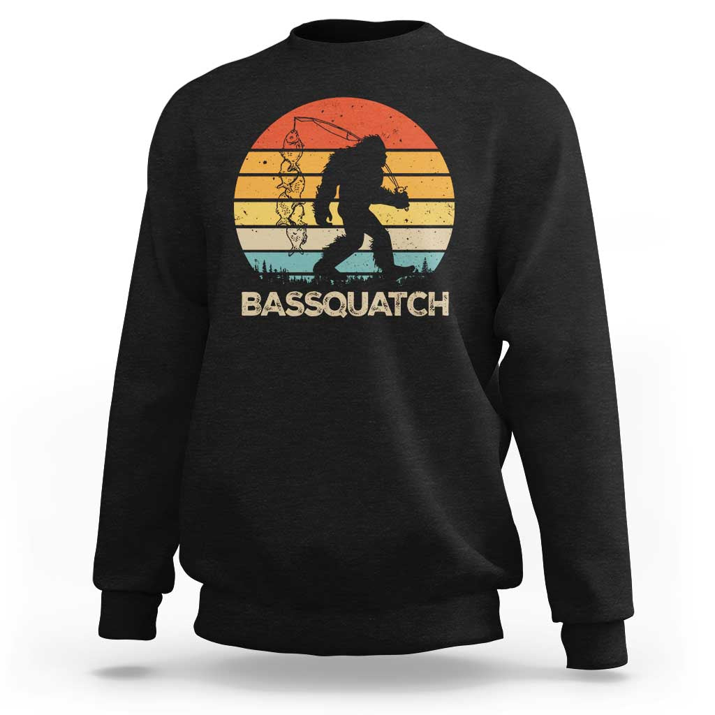 Black crewneck sweatshirt with Bassquatch fishing Bigfoot graphic on chest