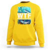 Daisy yellow fisherman sweatshirt with front fish graphic and large "WTF" text