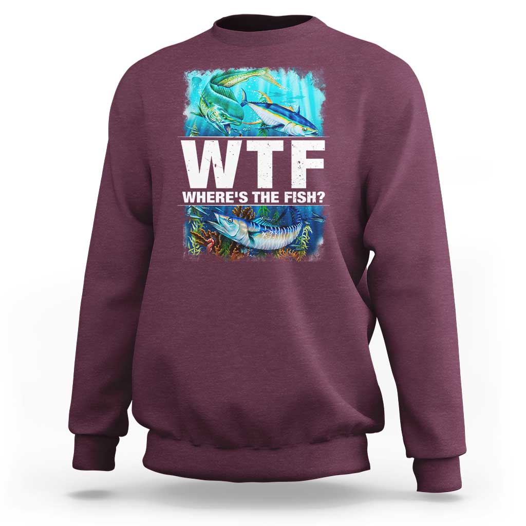 Purple fisherman sweatshirt with front fish graphic and large "WTF" text