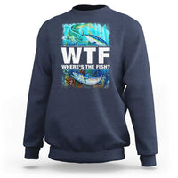 Navy fisherman sweatshirt with front fish graphic and large "WTF" text