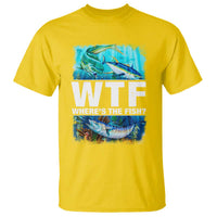 Yellow graphic T-shirt with fish and “WTF Where’s The Fish?” print