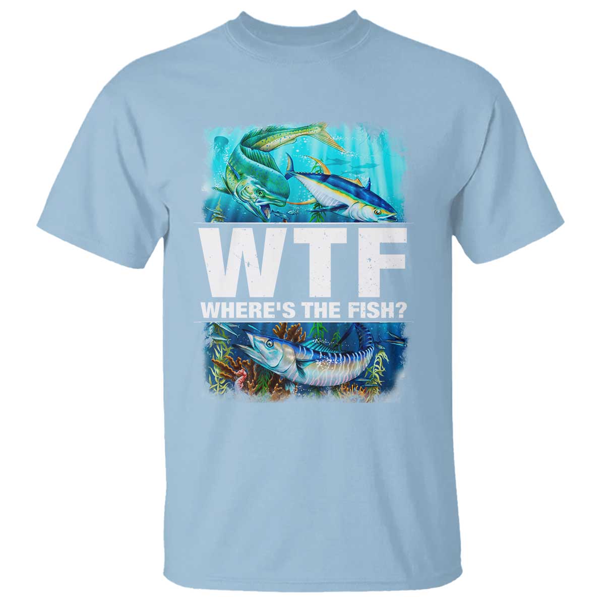 Light blue graphic T-shirt with fish and “WTF Where’s The Fish?” print