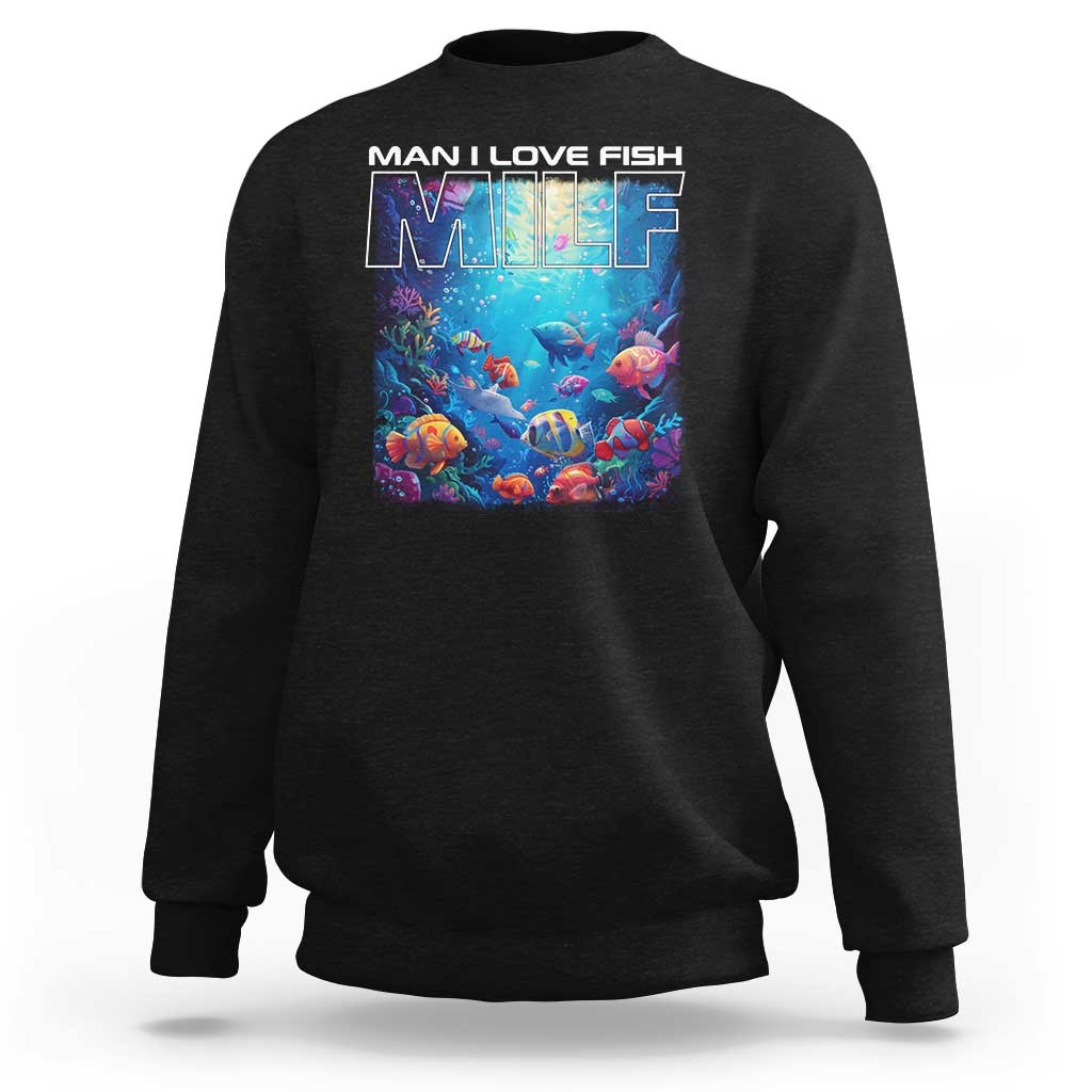 Black crewneck sweatshirt with colorful fish graphic and 'MILF' lettering on chest