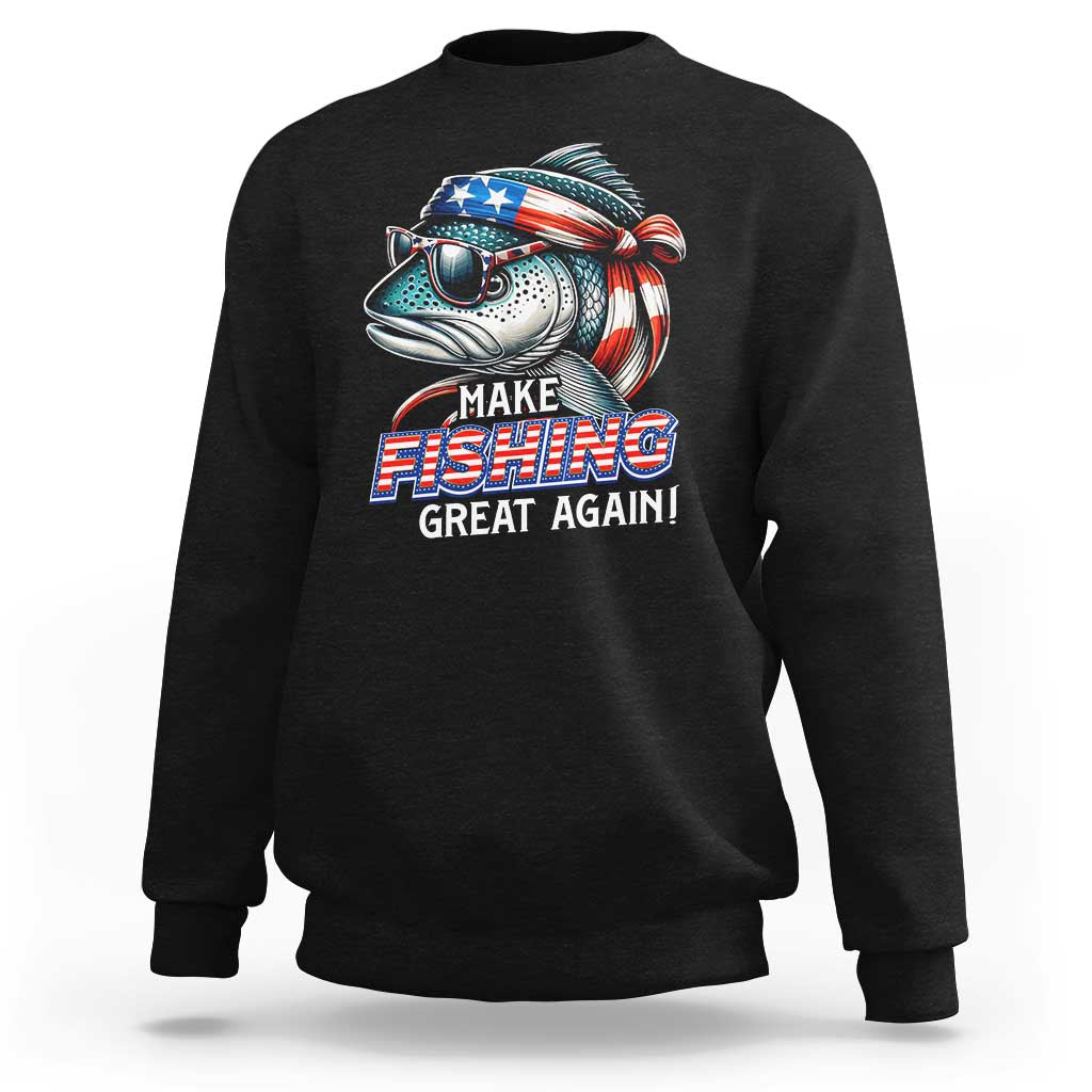 Black fishing sweatshirt with patriotic fish graphic and "Make Fishing Great Again" slogan
