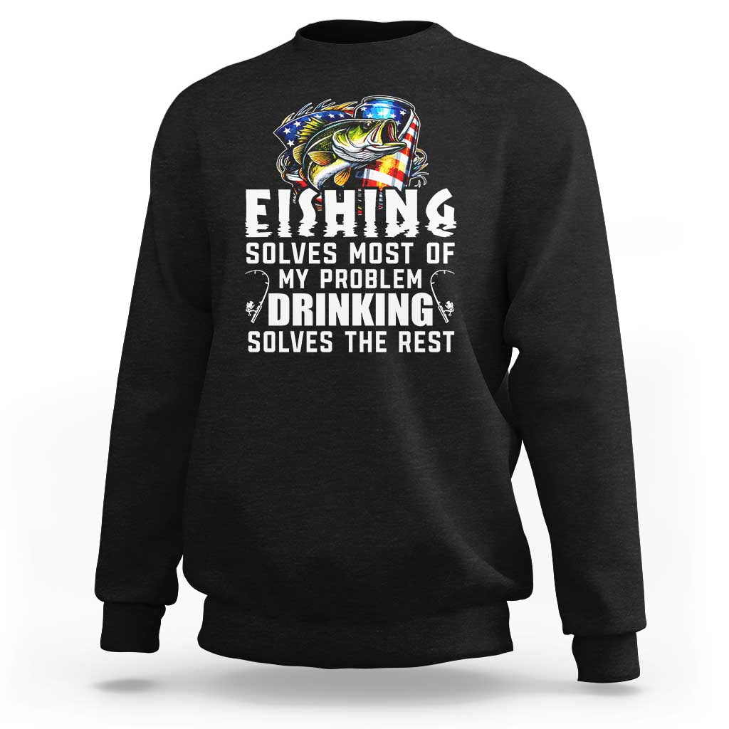 Black fishing sweatshirt with crew neck, long sleeves, and “FISHING” graphic front print