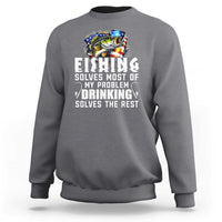 Charcoal gray fishing sweatshirt with crew neck, long sleeves, and “FISHING” text graphic