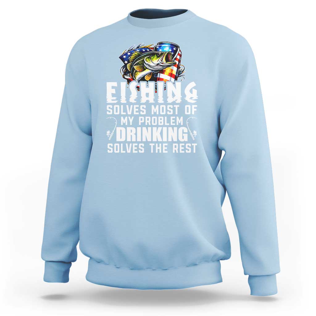 Light blue fishing sweatshirt with crew neck, long sleeves, and “FISHING” front graphic print