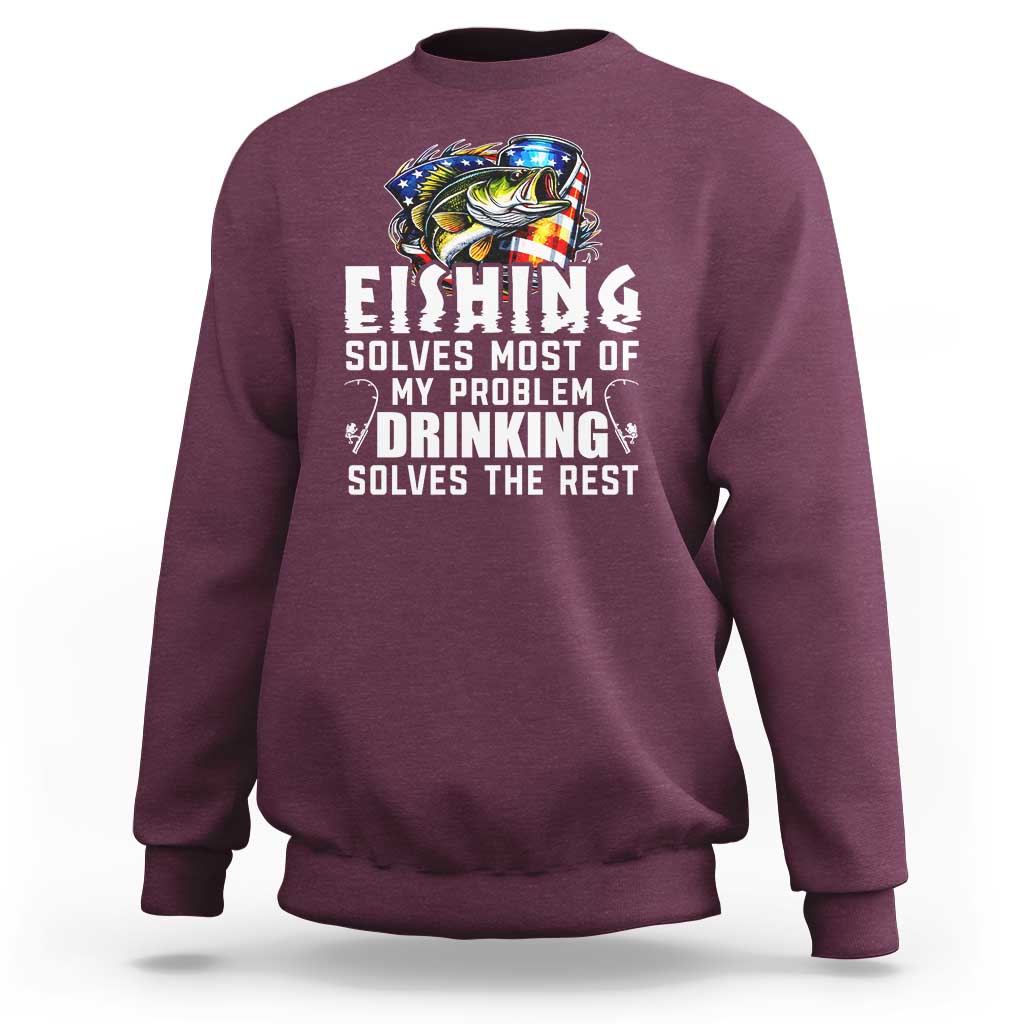 Maroon fishing sweatshirt with crew neck, long sleeves, and large “FISHING” graphic print