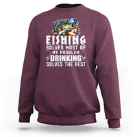 Maroon fishing sweatshirt with crew neck, long sleeves, and large “FISHING” graphic print