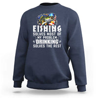 Navy fishing sweatshirt with crew neck, long sleeves, and bold “FISHING” text graphic