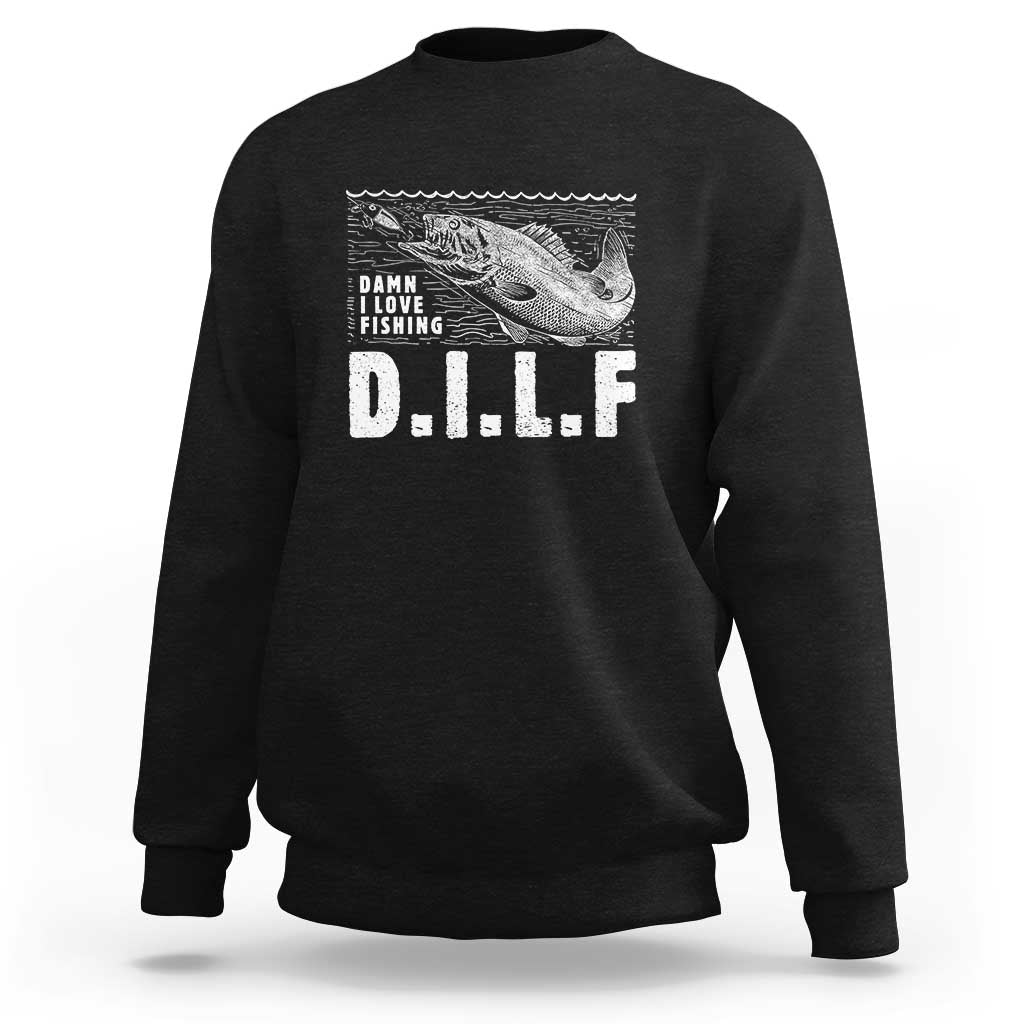 Black crewneck sweatshirt with fishing graphic and D.I.L.F text