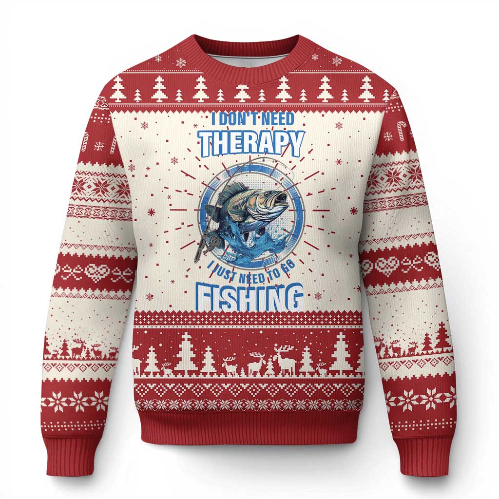 Red and white ugly Christmas sweater with tree pattern and blue fish graphic