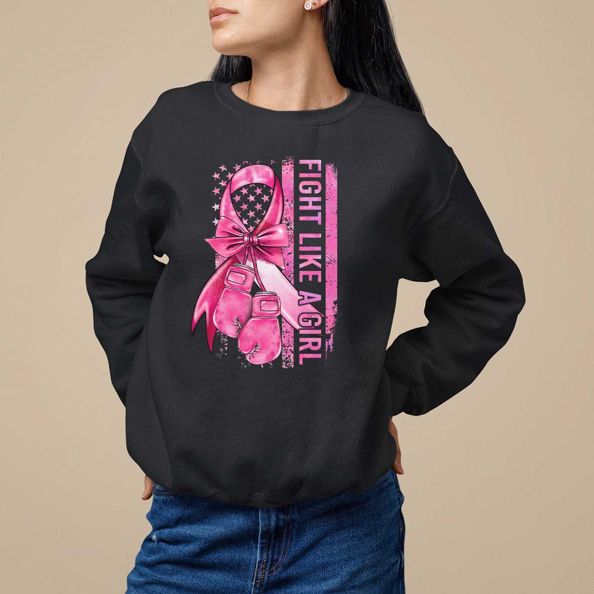 Black breast cancer sweatshirt with pink ribbon and "Fight Like a Girl" graphic