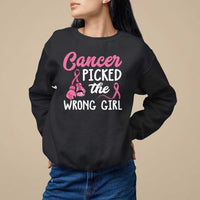 Black sweatshirt with 'Cancer Picked the Wrong Girl' graphic and pink awareness ribbon
