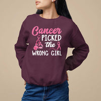 Maroon sweatshirt with 'Cancer Picked the Wrong Girl' graphic and pink awareness ribbon