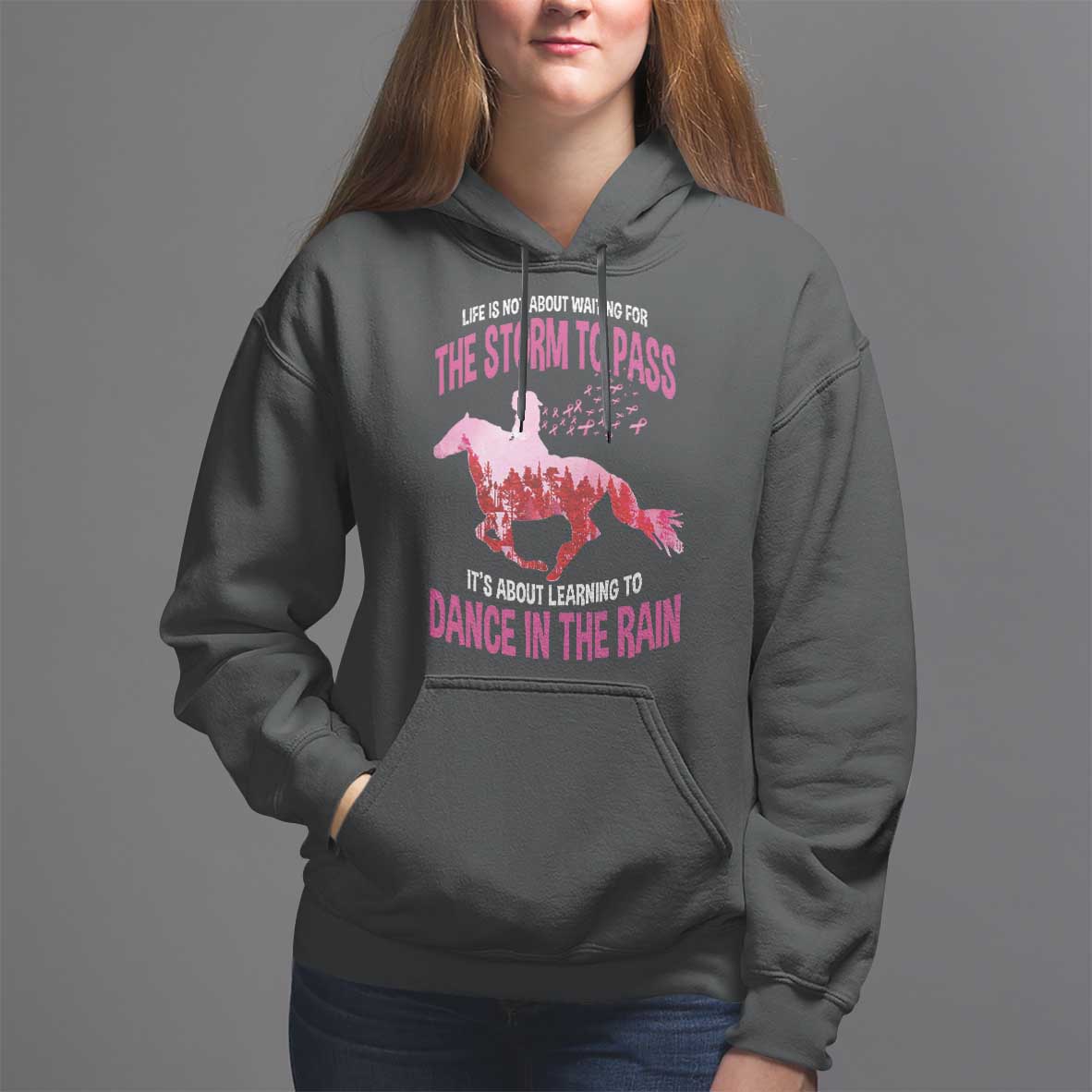 Breast Cancer Hoodie Pink Horse Racing Learning To Dance In The Rain - Wonder Print Shop