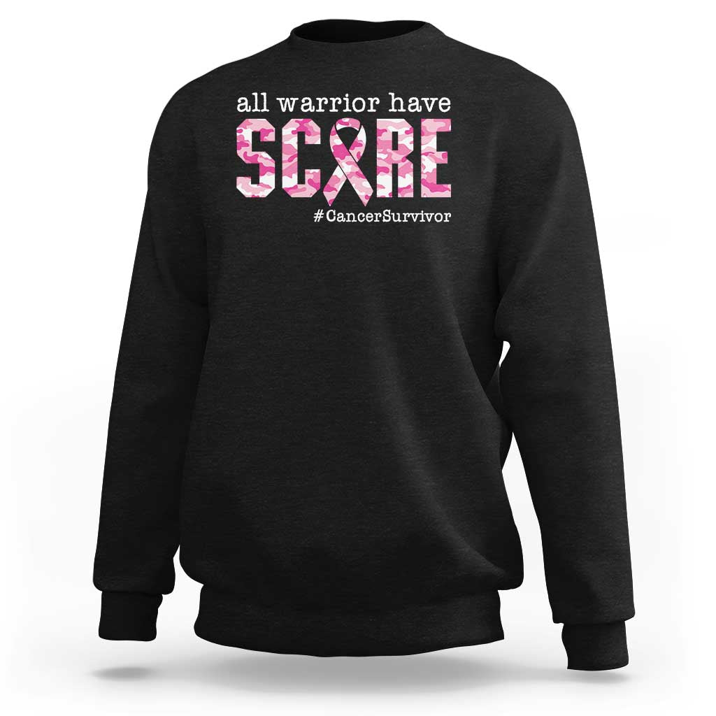 Black crewneck sweatshirt with 'all warrior have scars' and #CancerSurvivor graphic