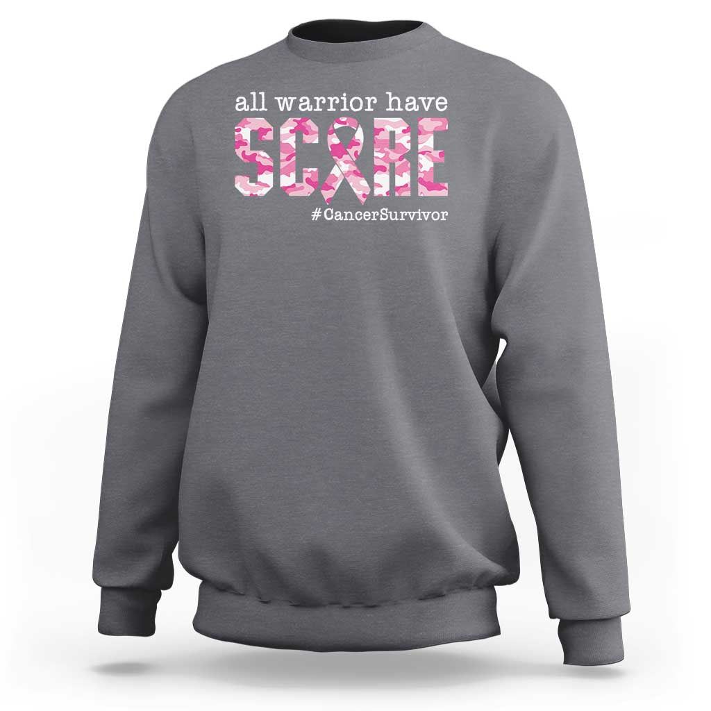 Charcoal gray crewneck sweatshirt with 'all warrior have scars' and #CancerSurvivor graphic