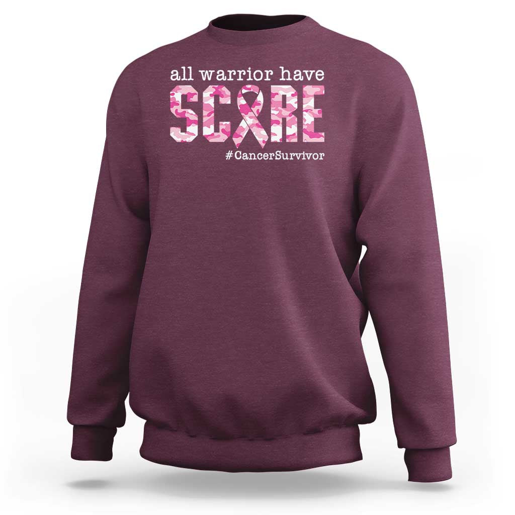 Maroon crewneck sweatshirt with 'all warrior have scars' and #CancerSurvivor graphic