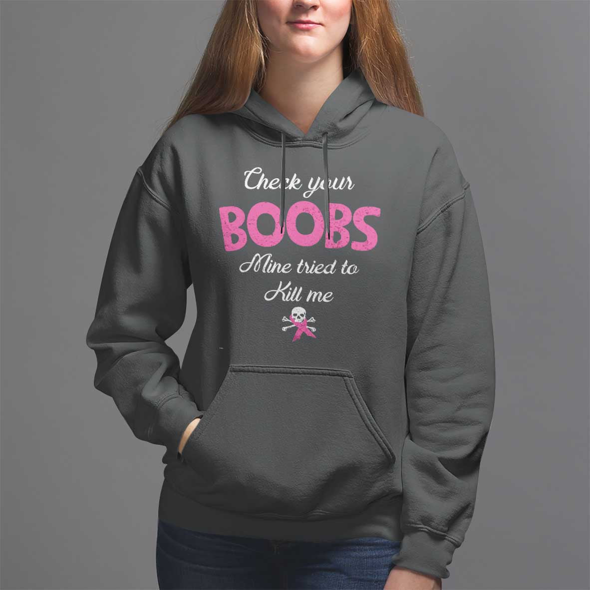 Breast Cancer Awareness Hoodie Check Your Boobs Mine Tries To Kill Me - Wonder Print Shop