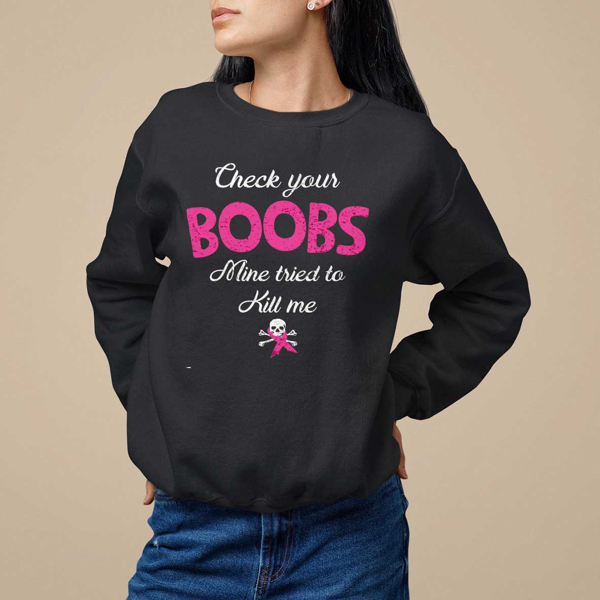 Black women’s awareness sweatshirt with pink ribbon and “Check your BOOBS” graphic.