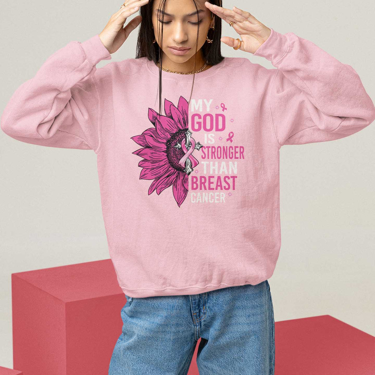 Light pink sweatshirt with purple sunflower and faith message graphic