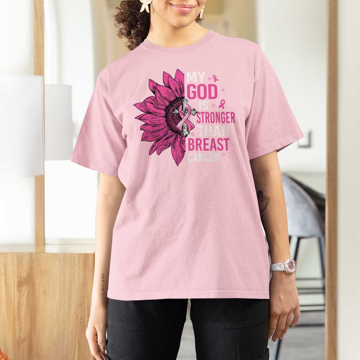 My God Is Stronger Than Breast Cancer T Shirt For Women Christian Sunflower American Flag - Wonder Print Shop