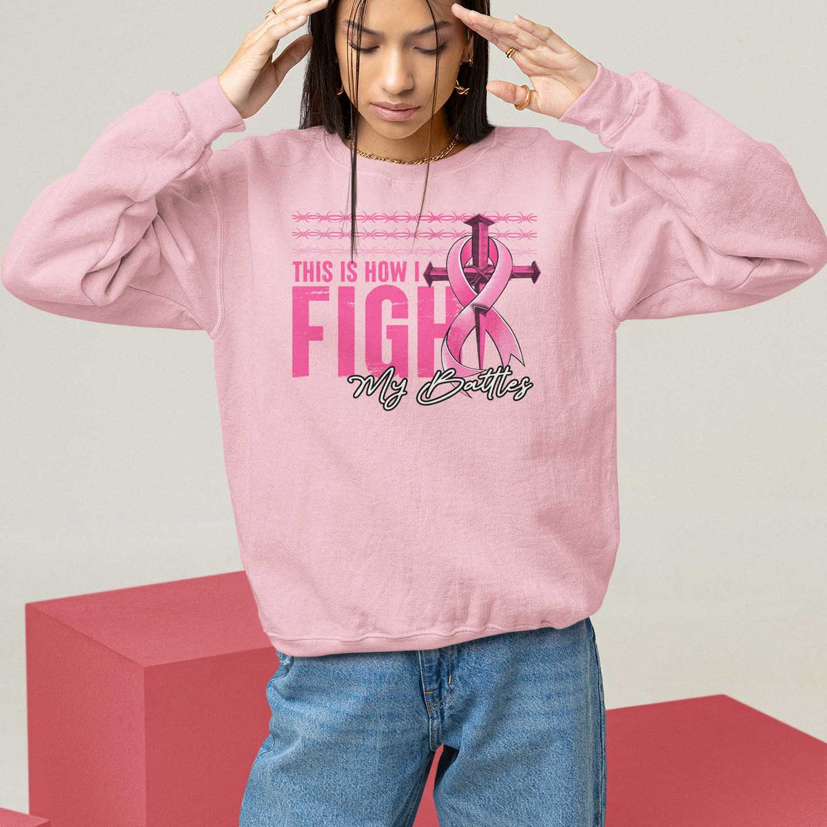 Light pink crewneck sweatshirt with pink breast cancer ribbon and 'FIGHT' graphic