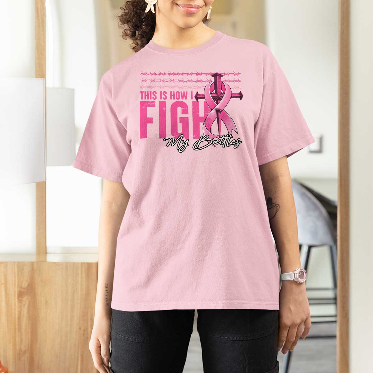 Pink Breast Cancer T Shirt For Women This is How I Fight My Battles - Wonder Print Shop