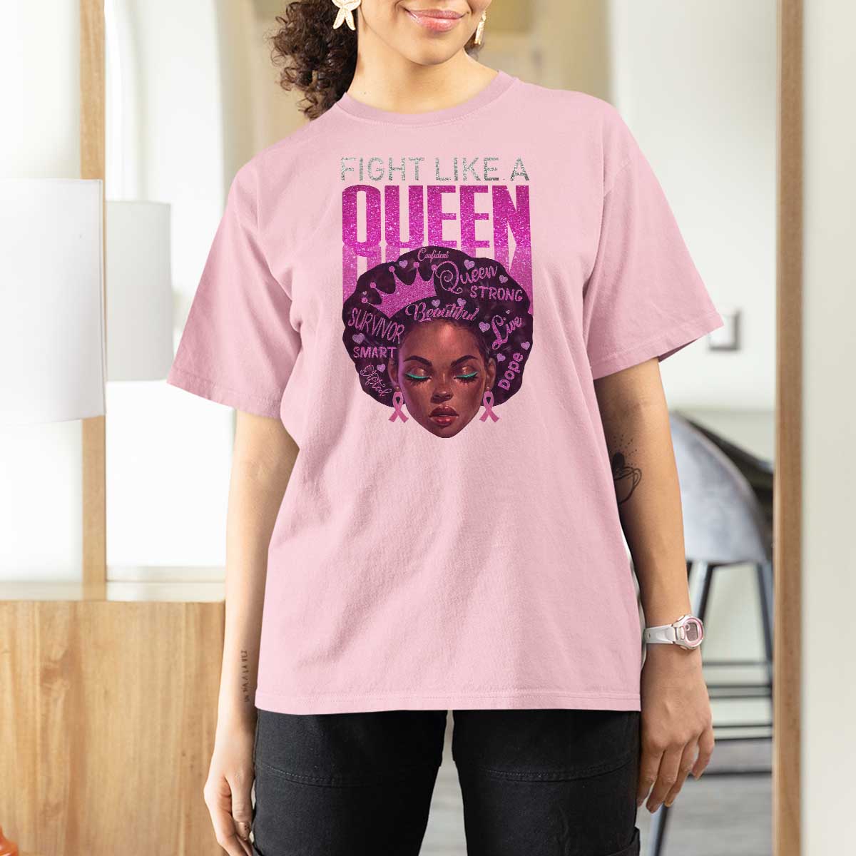 Pink Breast Cancer Warrior T Shirt For Women Fight Like A Queen - Wonder Print Shop