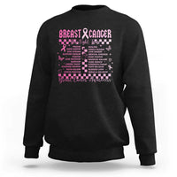 Black crewneck sweatshirt with pink breast cancer ribbon graphic on the chest