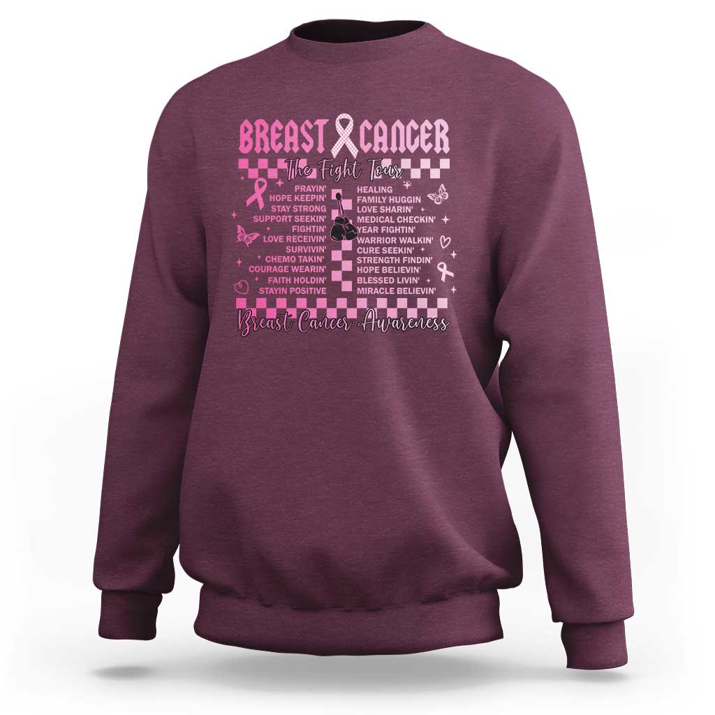 Maroon crewneck sweatshirt with pink breast cancer ribbon and supportive chest graphic
