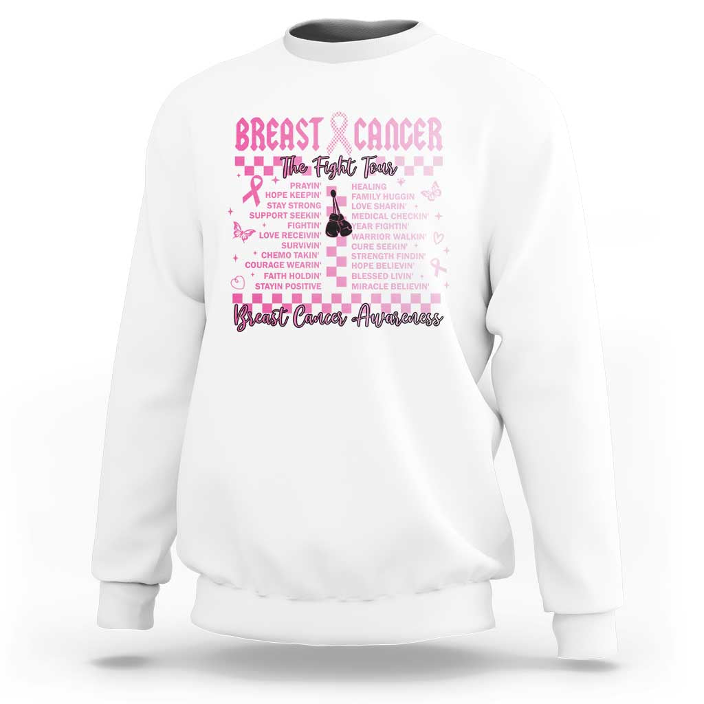 White crewneck sweatshirt with pink breast cancer ribbon and chest text graphic