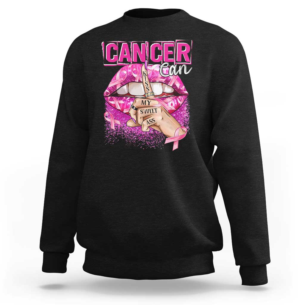 Black sweatshirt with “CANCER” graphic featuring pink lips and ribbon-style art on back