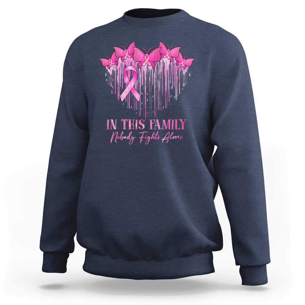 Royal blue crewneck sweatshirt with pink ribbon and birds graphic plus family message text.