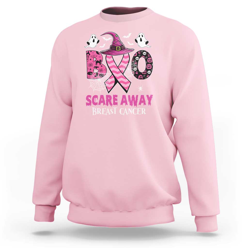 Light pink Halloween sweatshirt with witch graphic and pink ribbon scare away breast cancer text